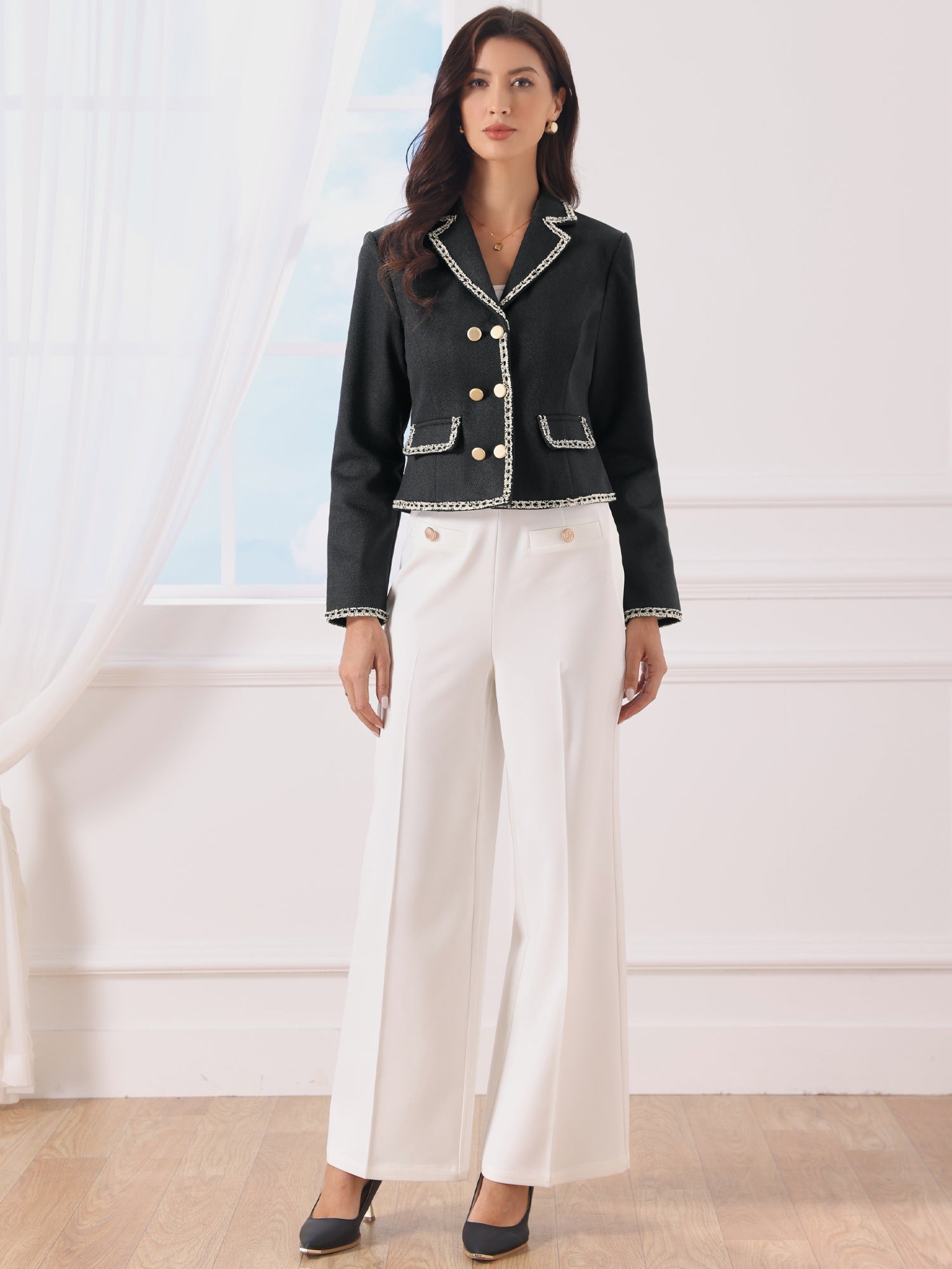 Notched Lapel Long Sleeve Dressy Casual Tweed Jacket