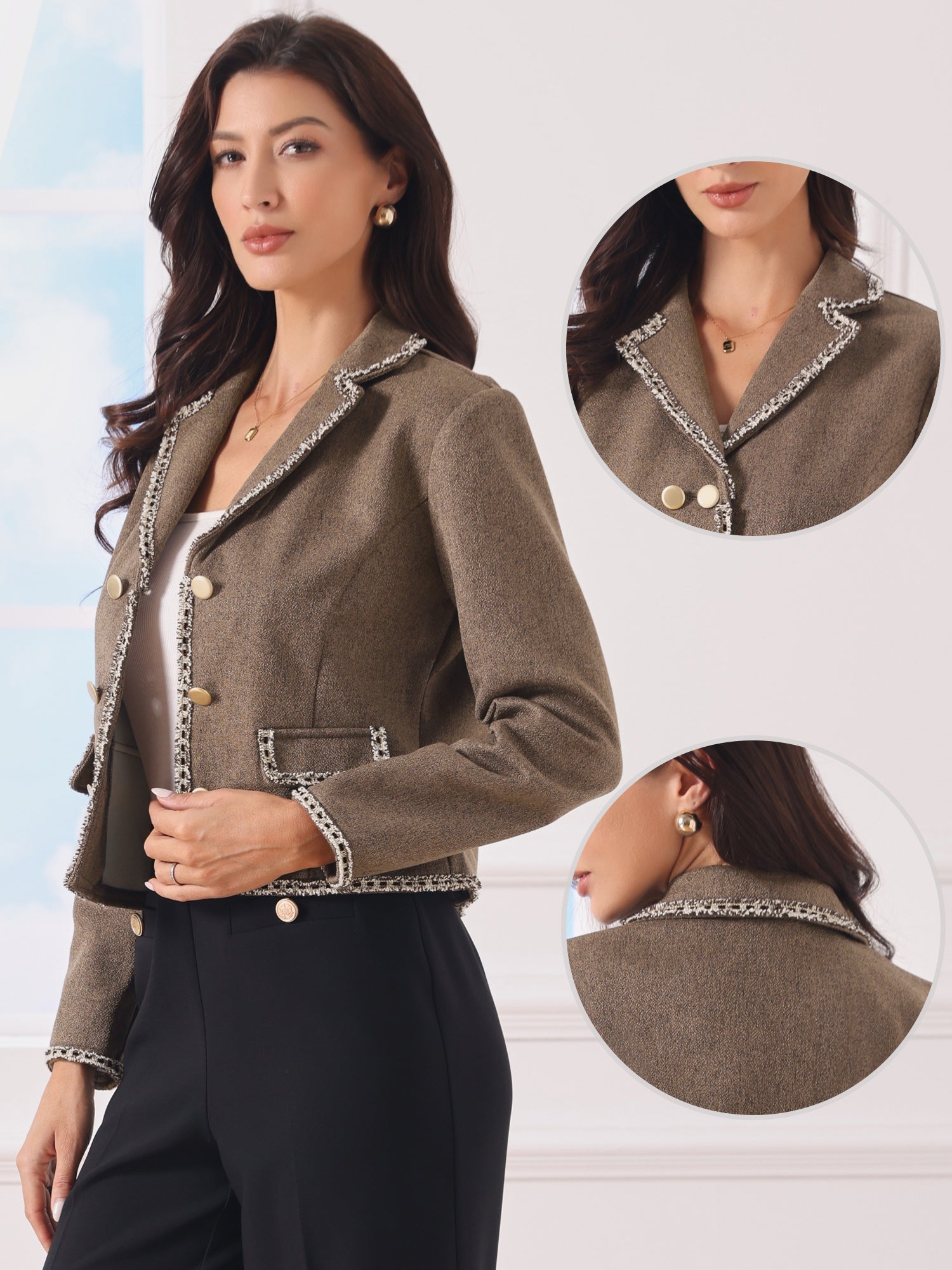 Notched Lapel Long Sleeve Dressy Casual Tweed Jacket