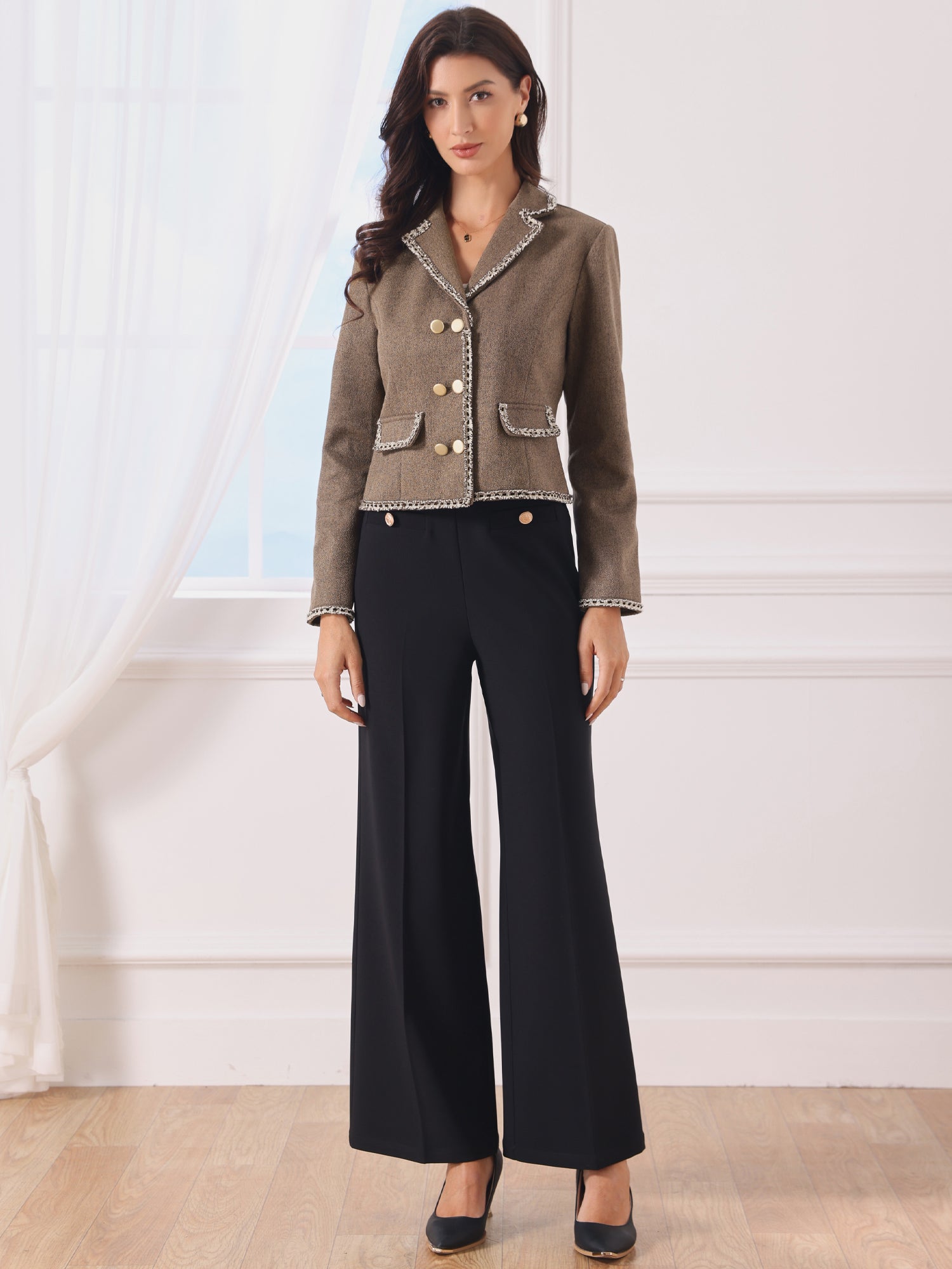 Notched Lapel Long Sleeve Dressy Casual Tweed Jacket