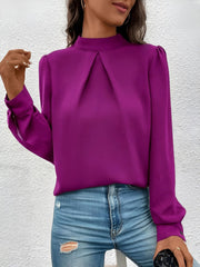 Satin Mock Neck Puff Sleeves Work Blouse
