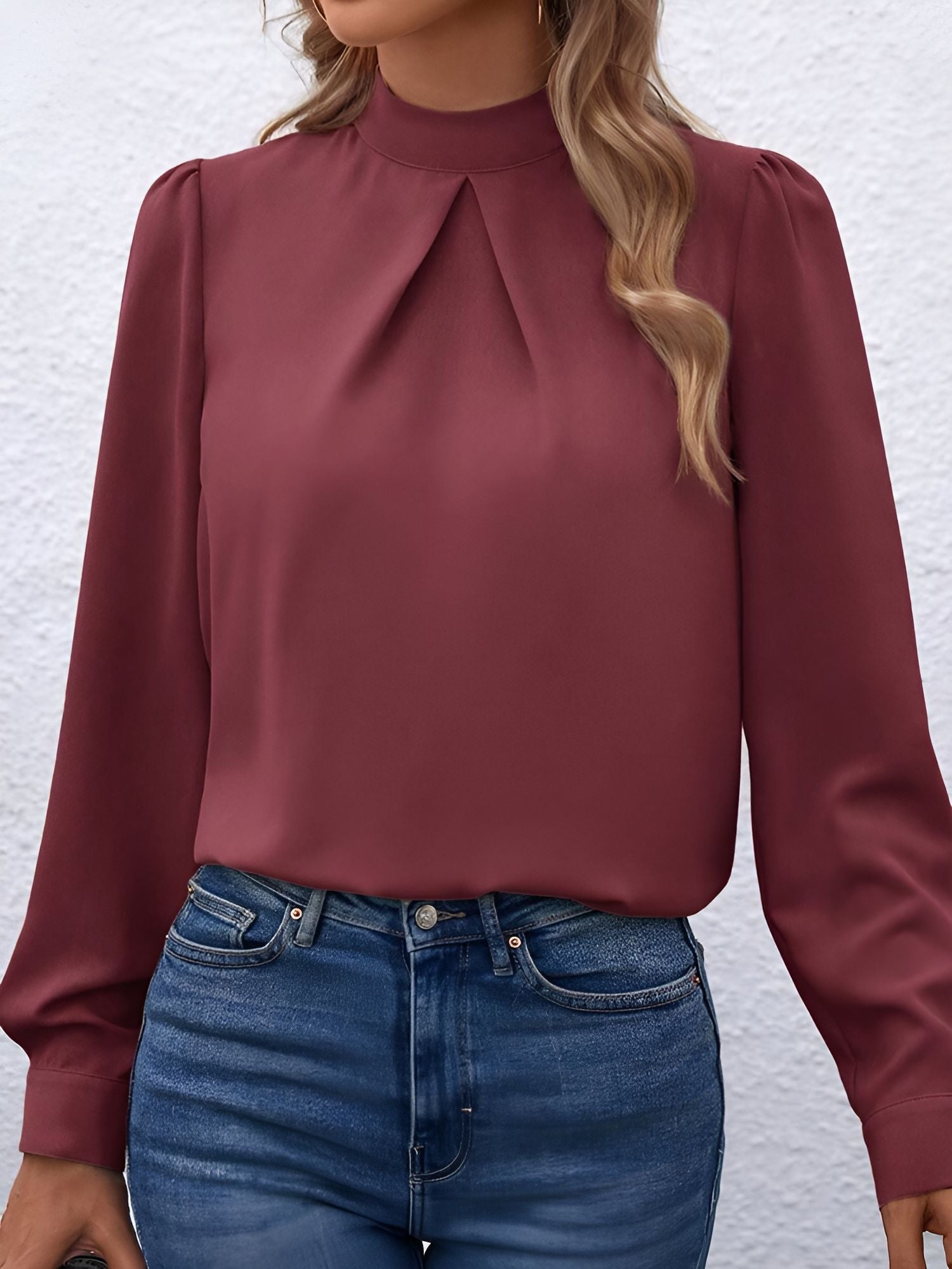 Satin Mock Neck Puff Sleeves Work Blouse