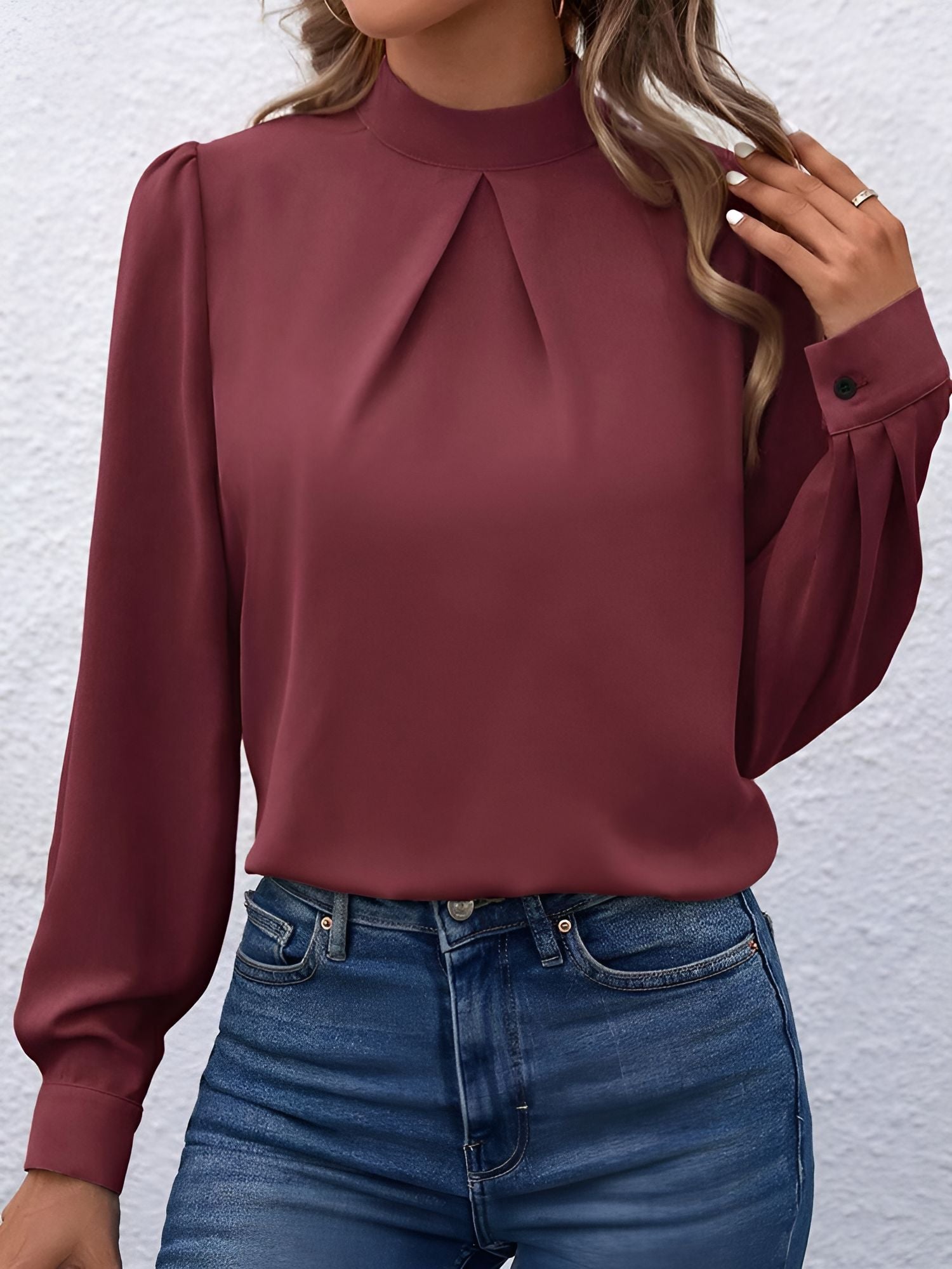 Satin Mock Neck Puff Sleeves Work Blouse