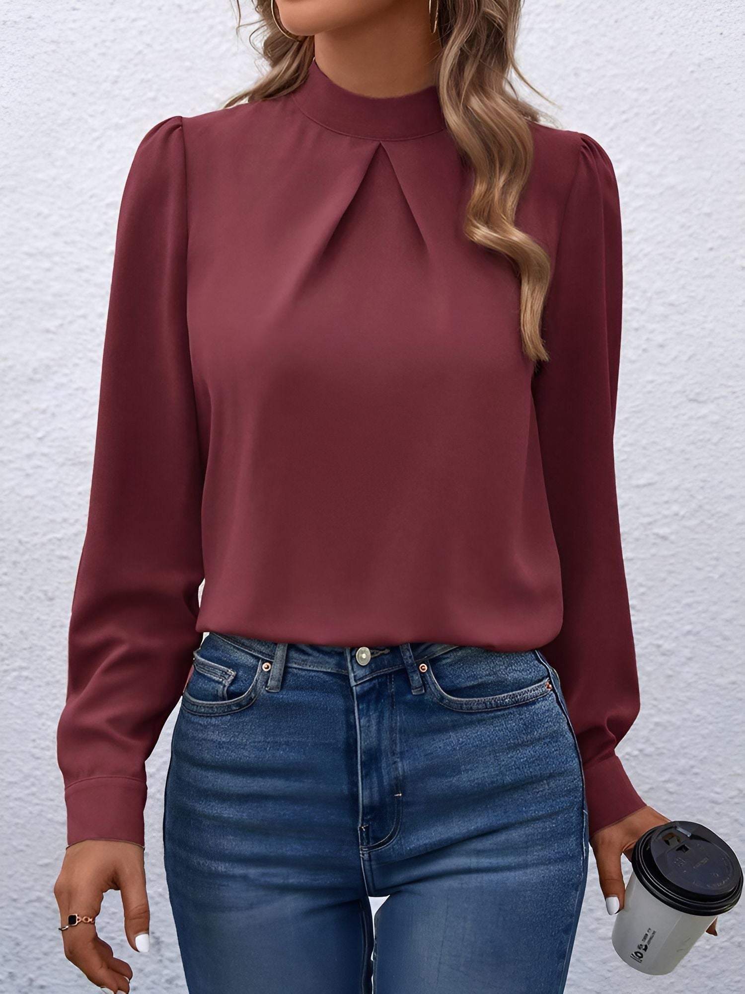 Satin Mock Neck Puff Sleeves Work Blouse