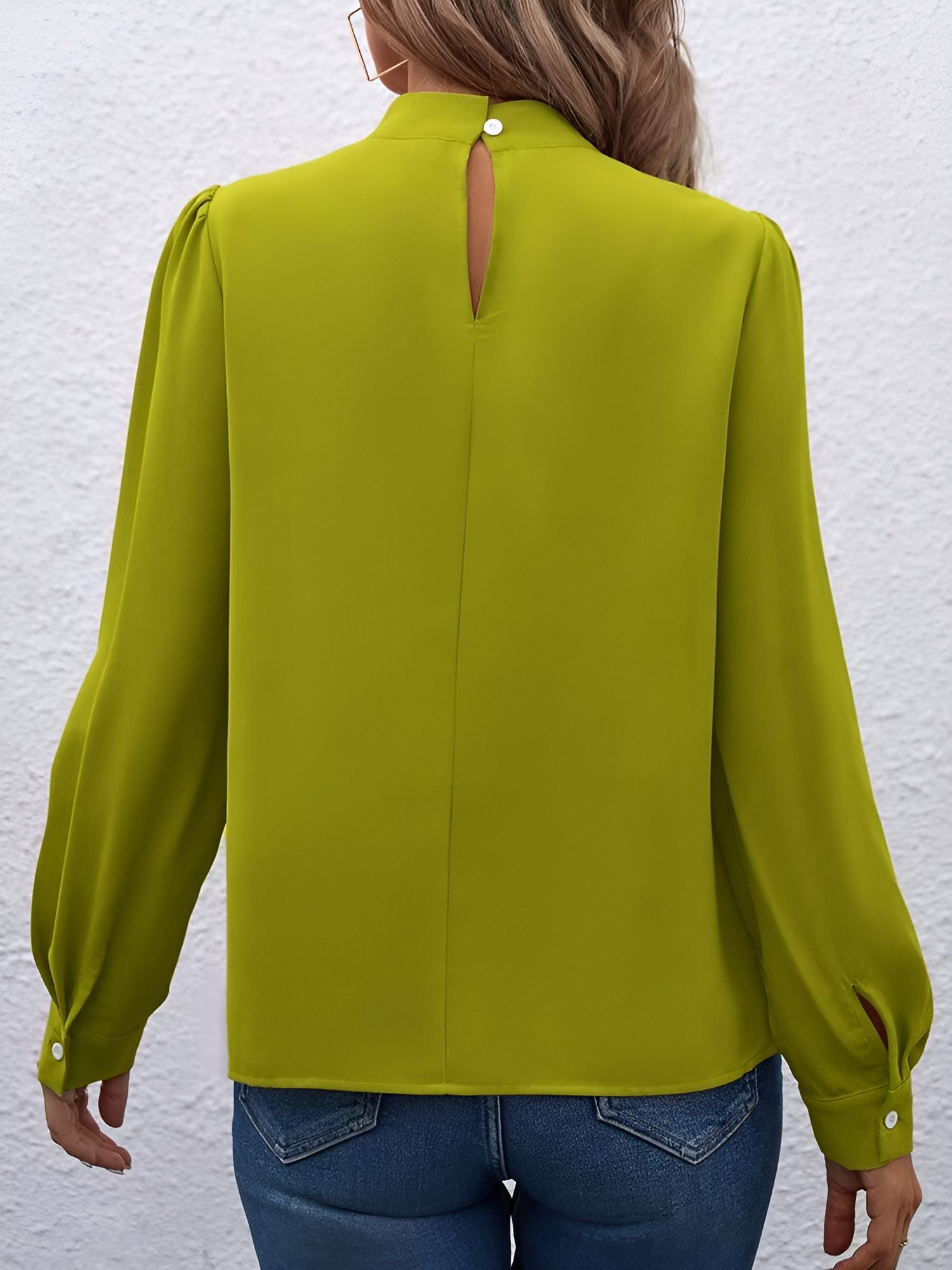 Satin Mock Neck Puff Sleeves Work Blouse