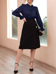 Solid Color Ruffled Neck Smocked Puff Sleeves Blouse