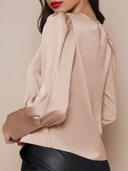 Satin Crew Neck Bishop Sleeves Work Blouse
