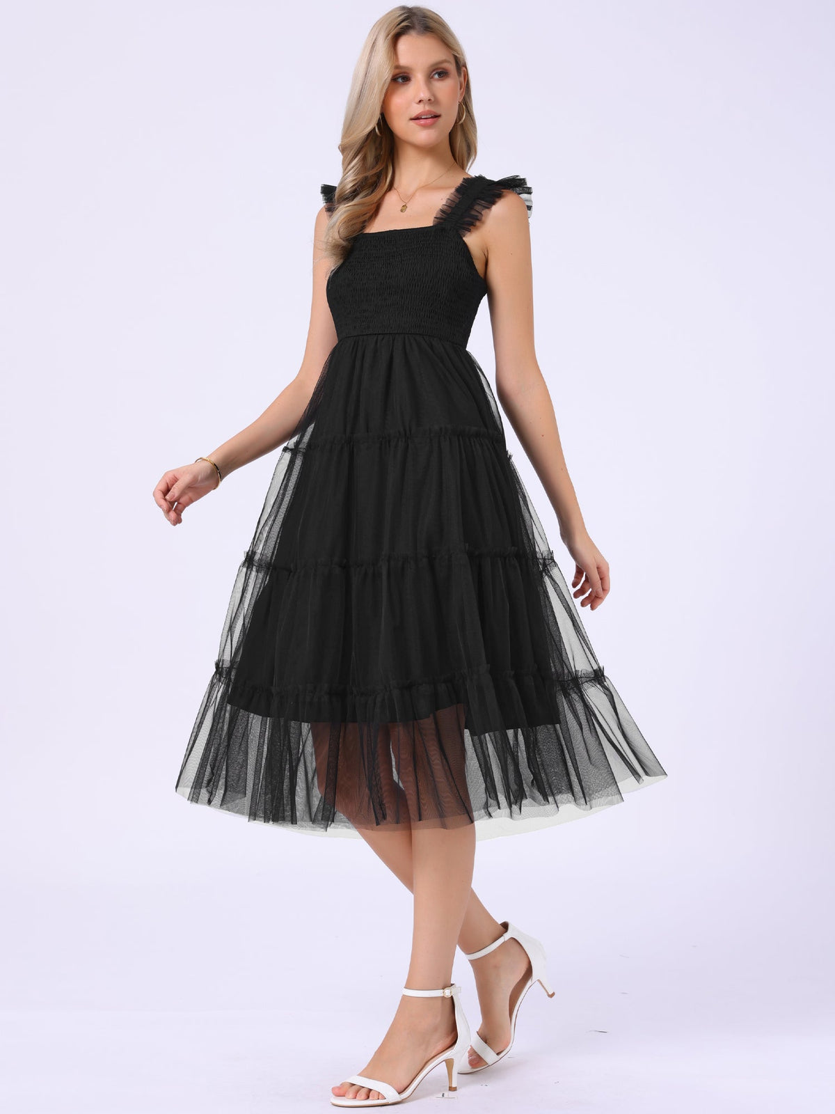 Smocked Tiered Ruffled Sleeveless Midi A-Line Dress