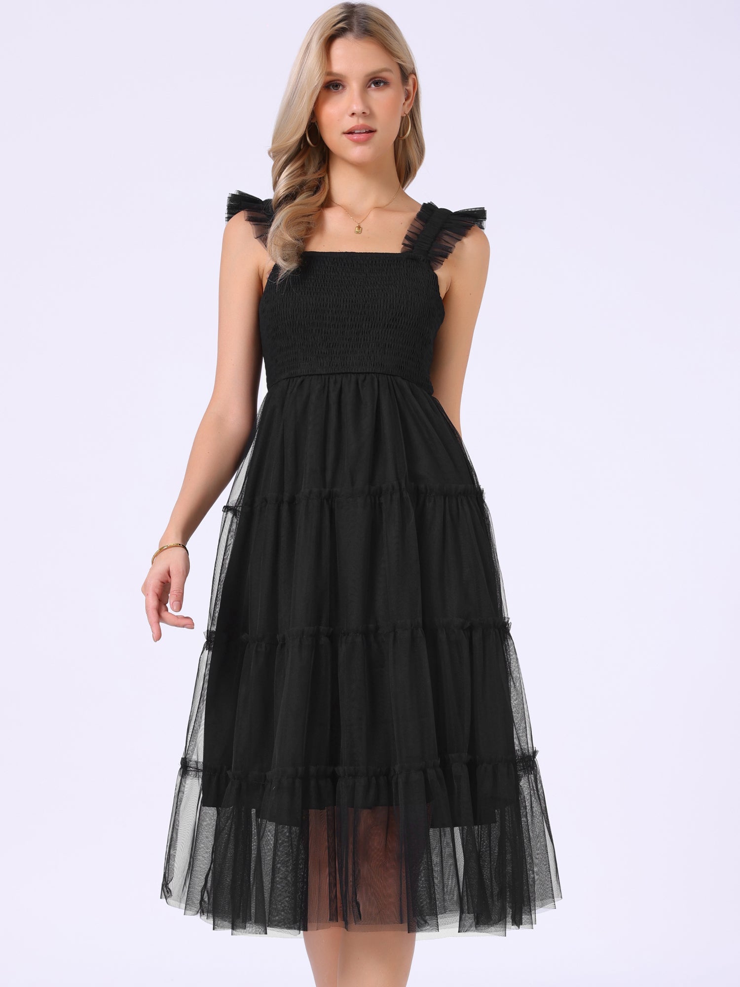 Smocked Tiered Ruffled Sleeveless Midi A-Line Dress