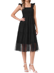 Smocked Tiered Ruffled Sleeveless Midi A-Line Dress