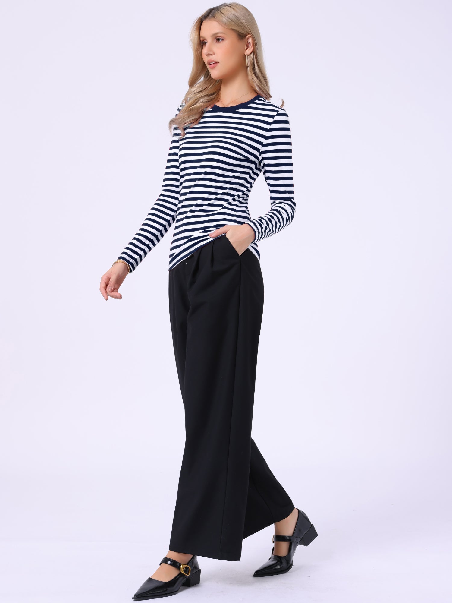Striped Long Sleeve Crew Neck Casual Tops