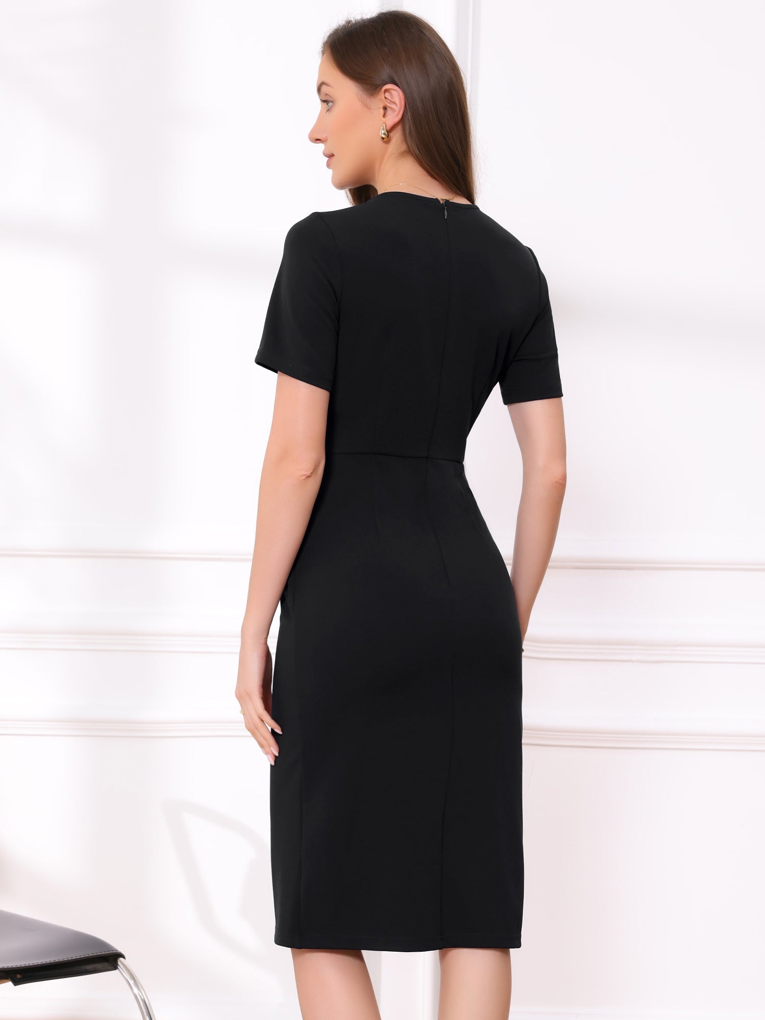 Short Sleeve Crew Neck Midi Sheath Work Dress