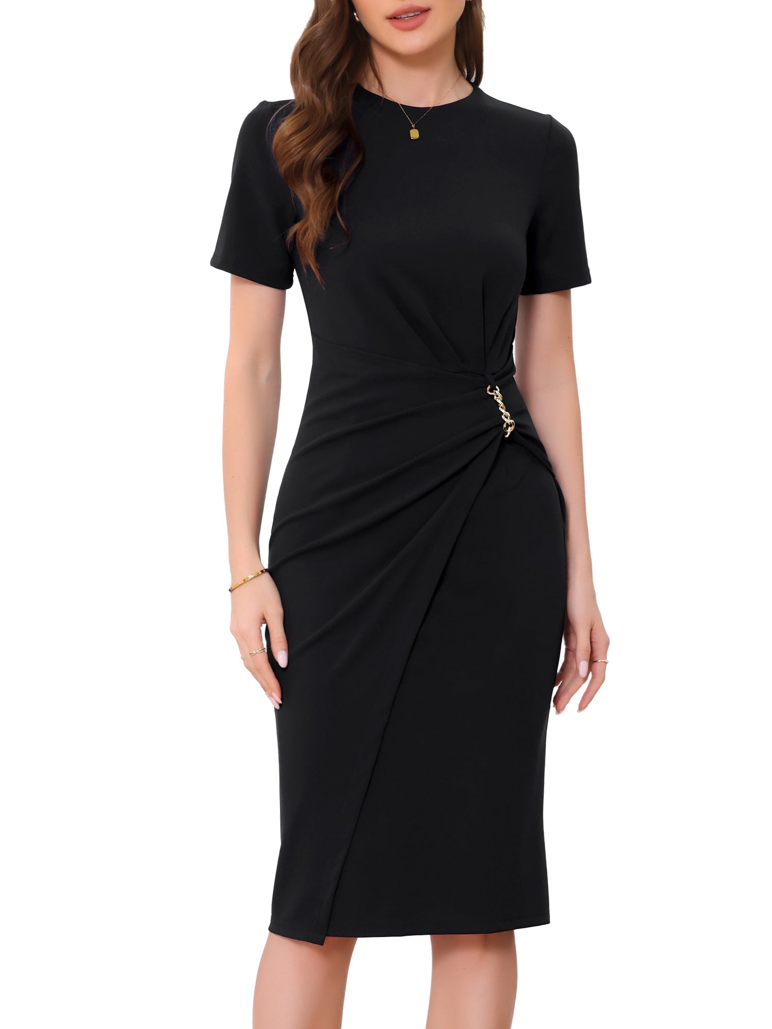 Short Sleeve Crew Neck Midi Sheath Work Dress