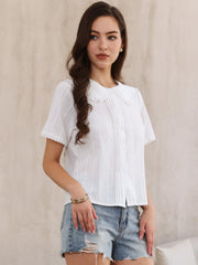 Short Sleeve Peter Pan Collar Button Down Cotton Blouse