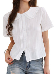 Short Sleeve Peter Pan Collar Button Down Cotton Blouse