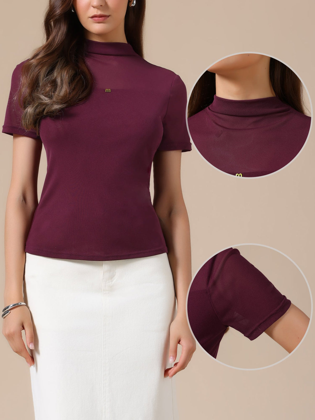 Summer Illusion Mock Neck Short Sleeve Sheer Mesh Blouse