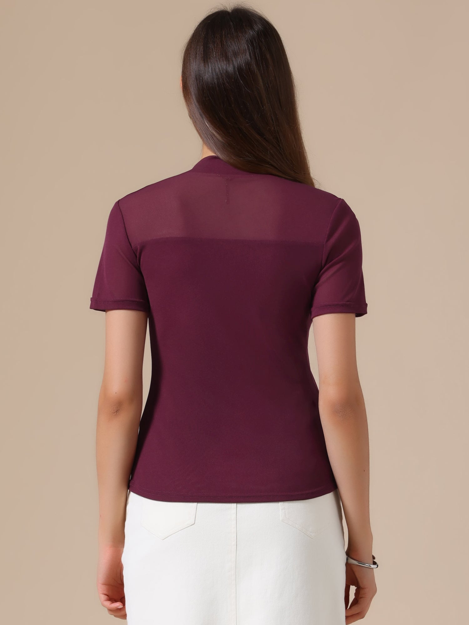 Summer Illusion Mock Neck Short Sleeve Sheer Mesh Blouse