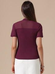 Summer Illusion Mock Neck Short Sleeve Sheer Mesh Blouse