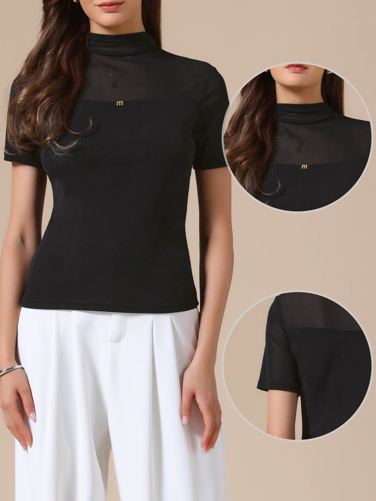 Summer Illusion Mock Neck Short Sleeve Sheer Mesh Blouse