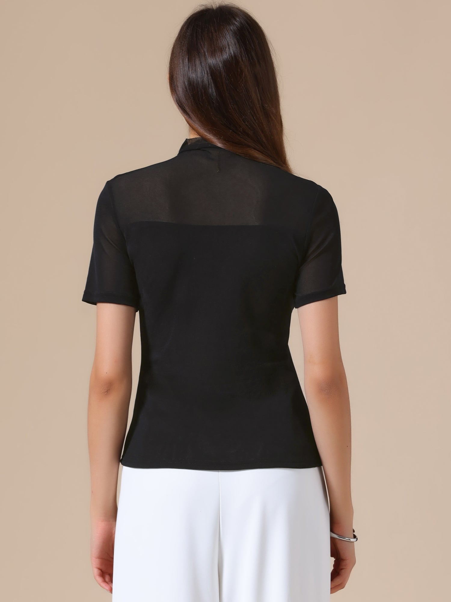 Summer Illusion Mock Neck Short Sleeve Sheer Mesh Blouse
