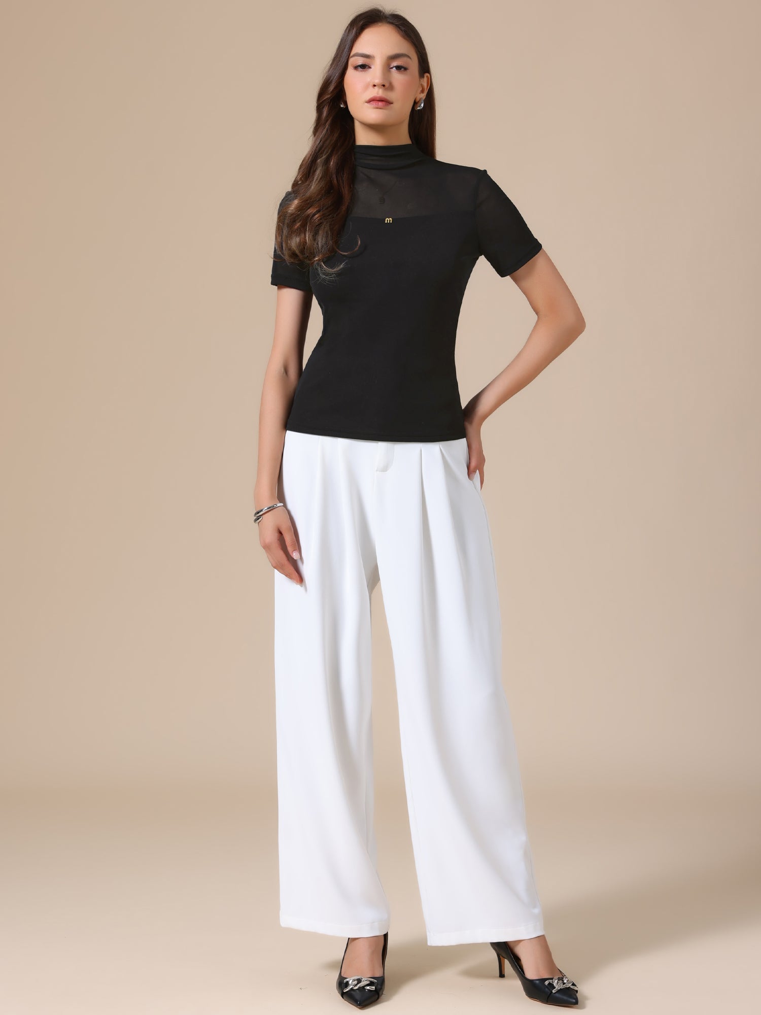 Summer Illusion Mock Neck Short Sleeve Sheer Mesh Blouse