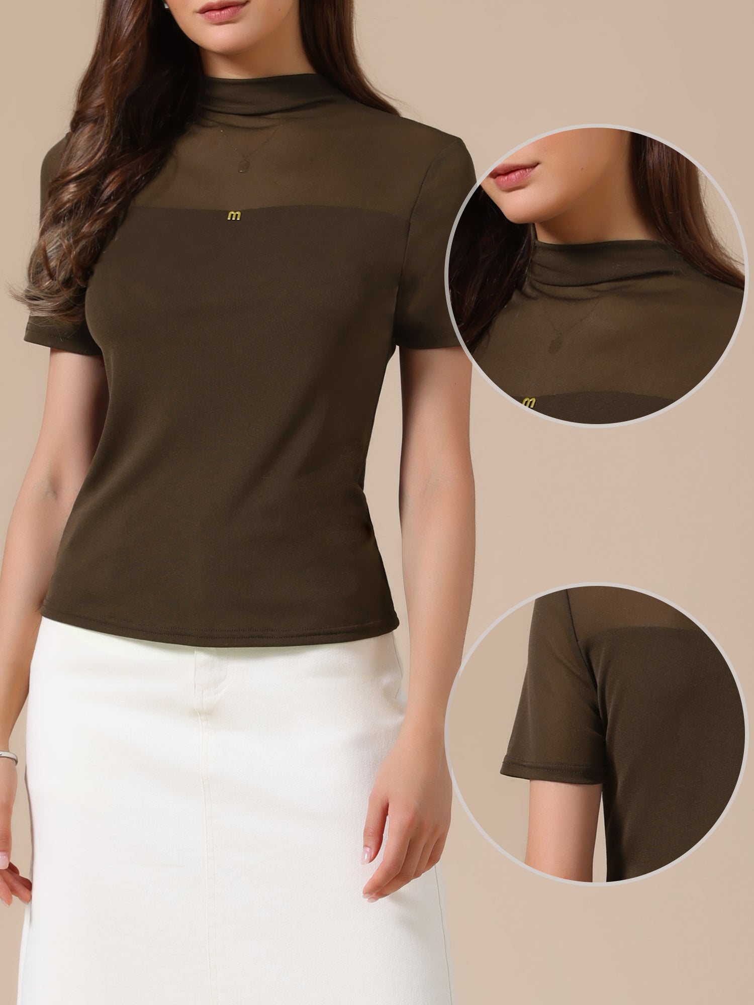 Summer Illusion Mock Neck Short Sleeve Sheer Mesh Blouse