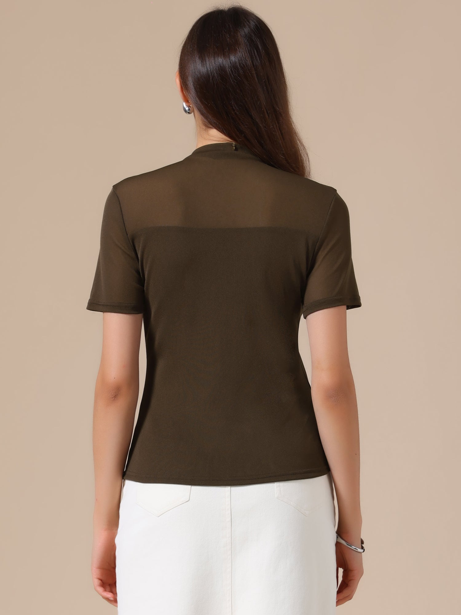Summer Illusion Mock Neck Short Sleeve Sheer Mesh Blouse