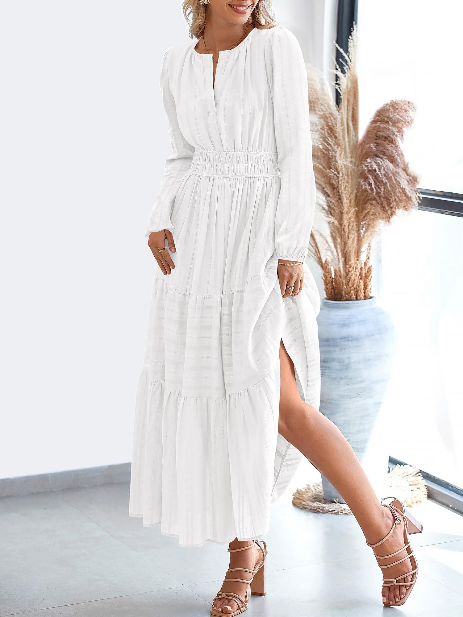 Notch Neck Puff Long Sleeves Pockets Tiered A-Line Midi Dress