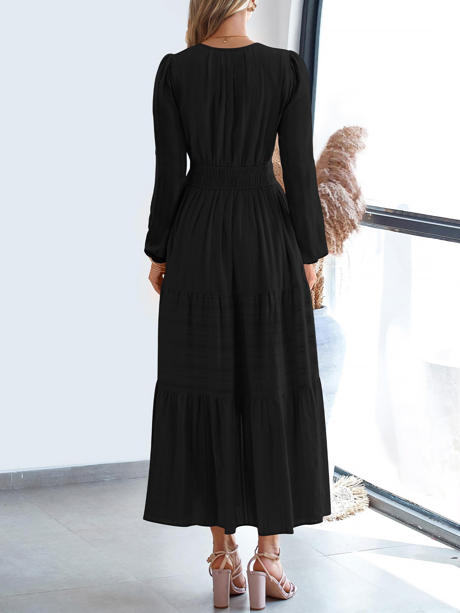 Notch Neck Puff Long Sleeves Pockets Tiered A-Line Midi Dress