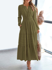 Notch Neck Puff Long Sleeves Pockets Tiered A-Line Midi Dress