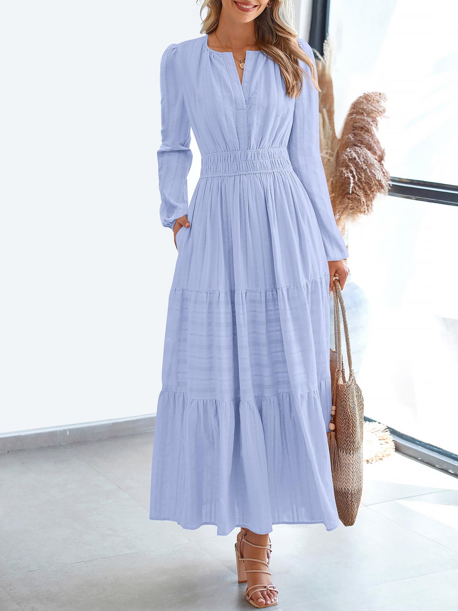 Notch Neck Puff Long Sleeves Pockets Tiered A-Line Midi Dress