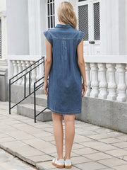 Denim V Neck Cap Sleeve Loose Fit Above the Knee Casual Tunic Jean Dress
