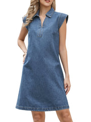 Denim V Neck Cap Sleeve Loose Fit Above the Knee Casual Tunic Jean Dress