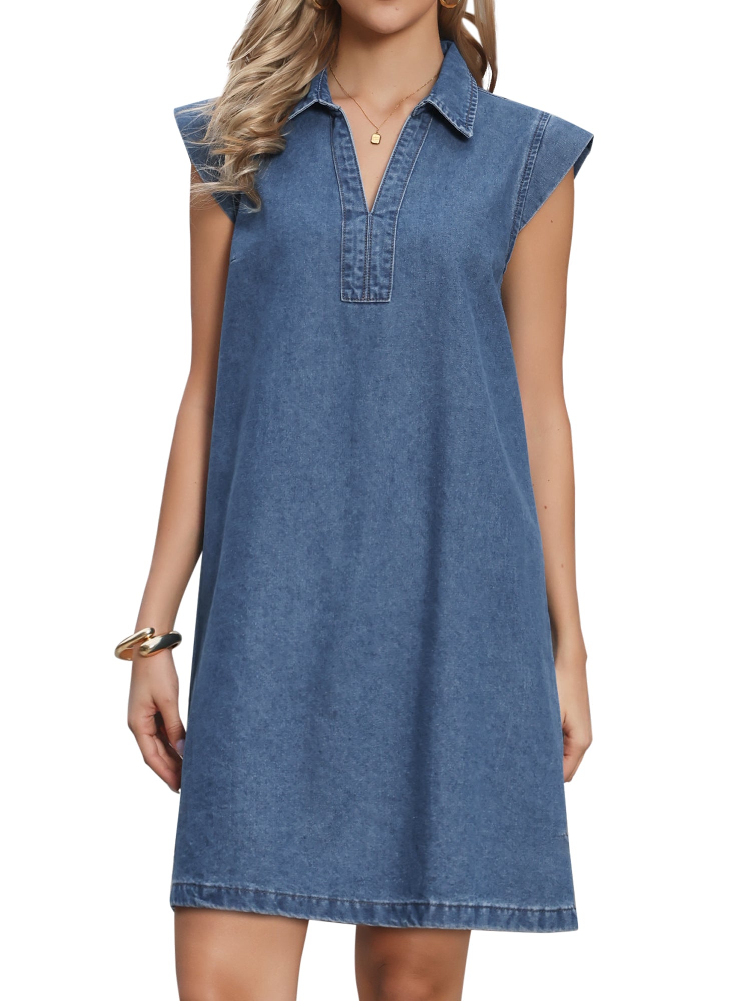 Denim V Neck Cap Sleeve Loose Fit Above the Knee Casual Tunic Jean Dress