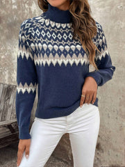 Mock Neck Knitted Geometric Pattern Fair Isle Ski Sweater