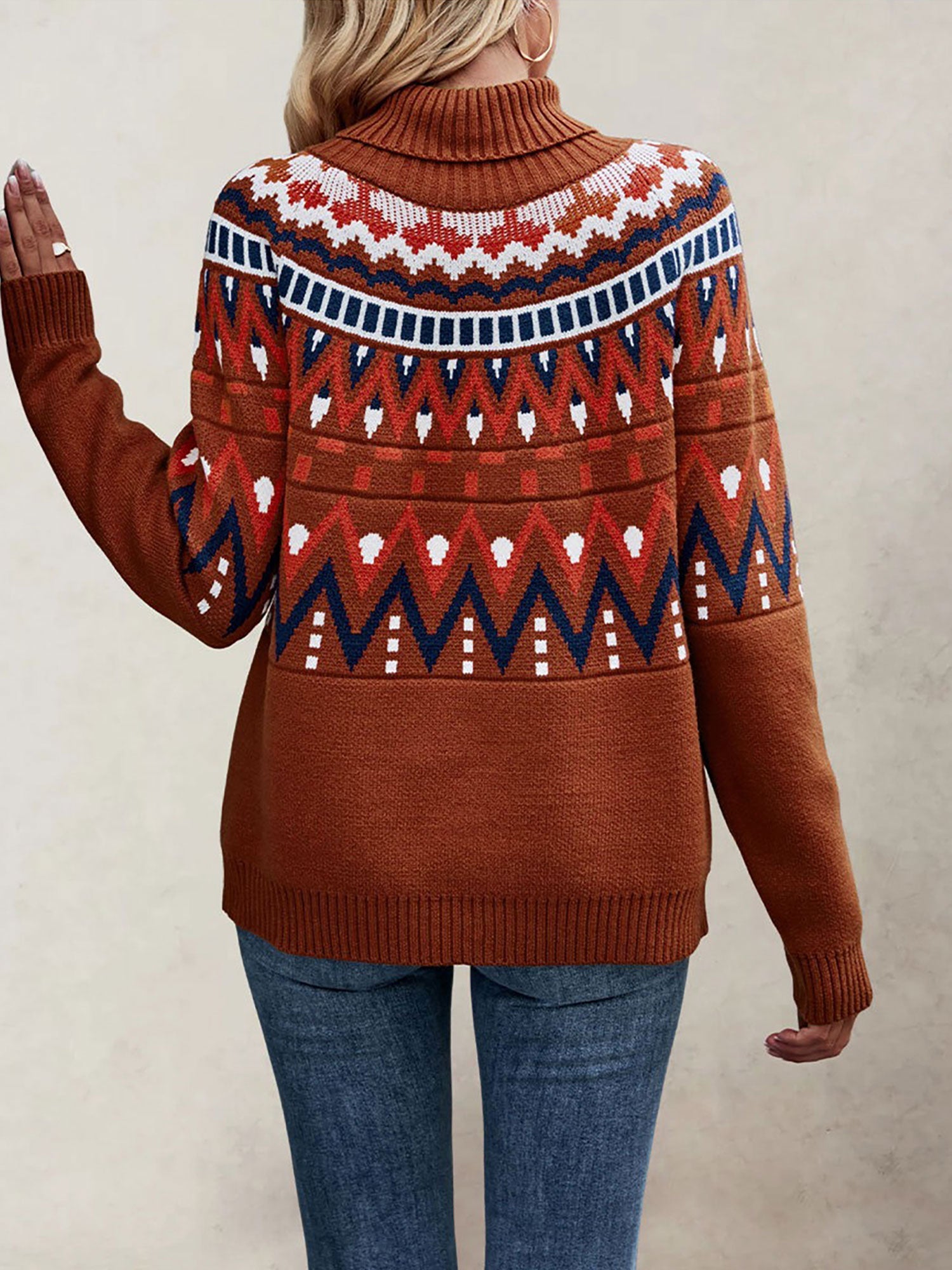 Turtleneck Long Sleeves Knitted Pullover Fair Isle Ski Sweater