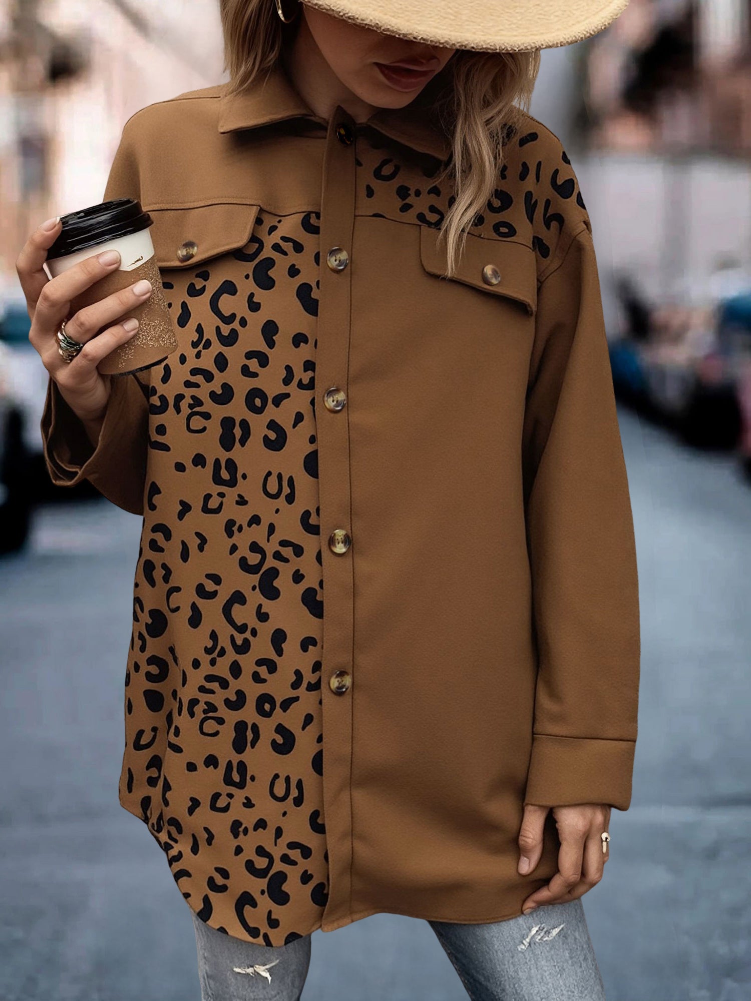 Leopard Print Patchwork Long Sleeves Shirt Shackets
