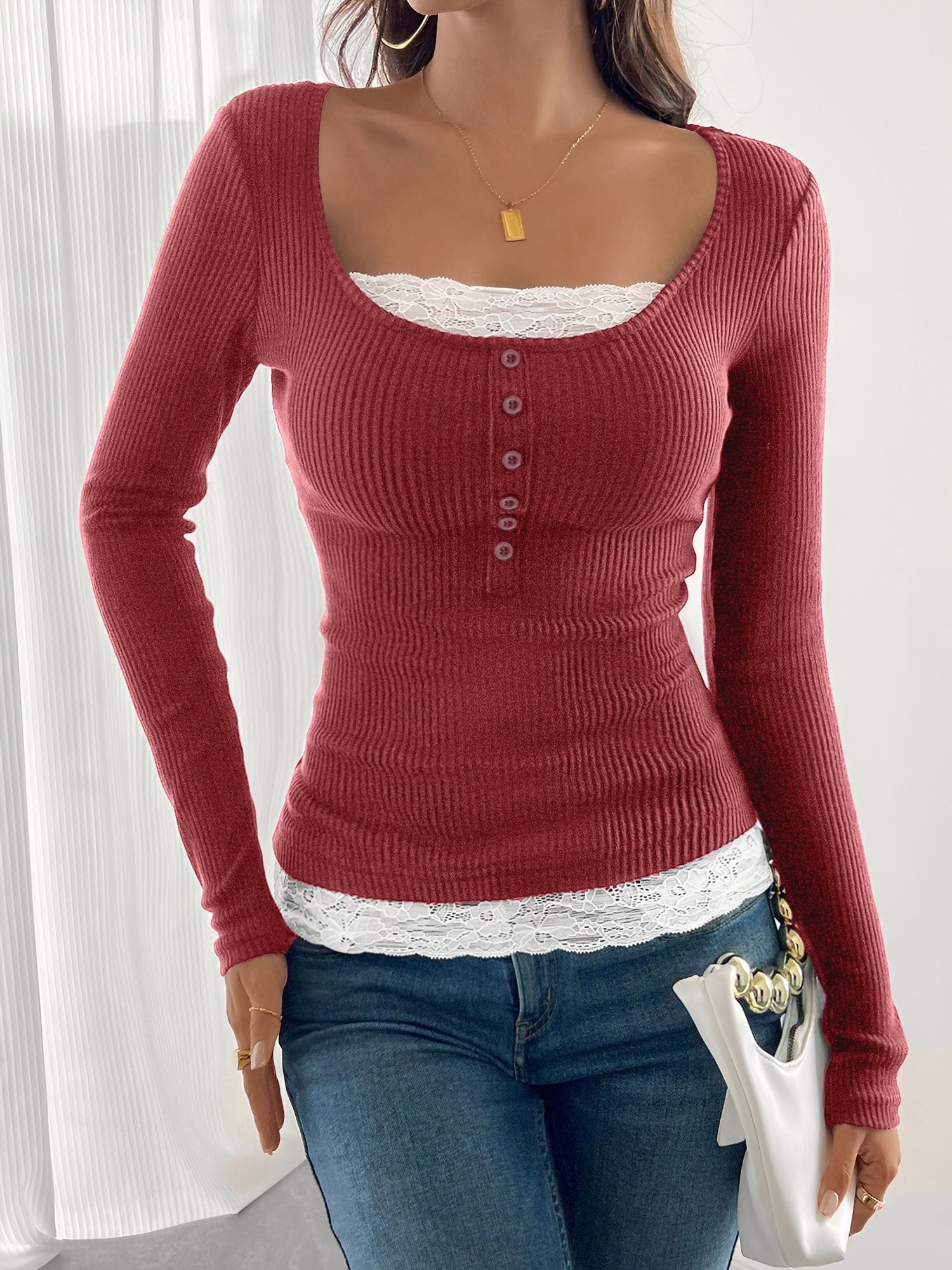 Colorblock Lace Patchwork Long Sleeves Blouse