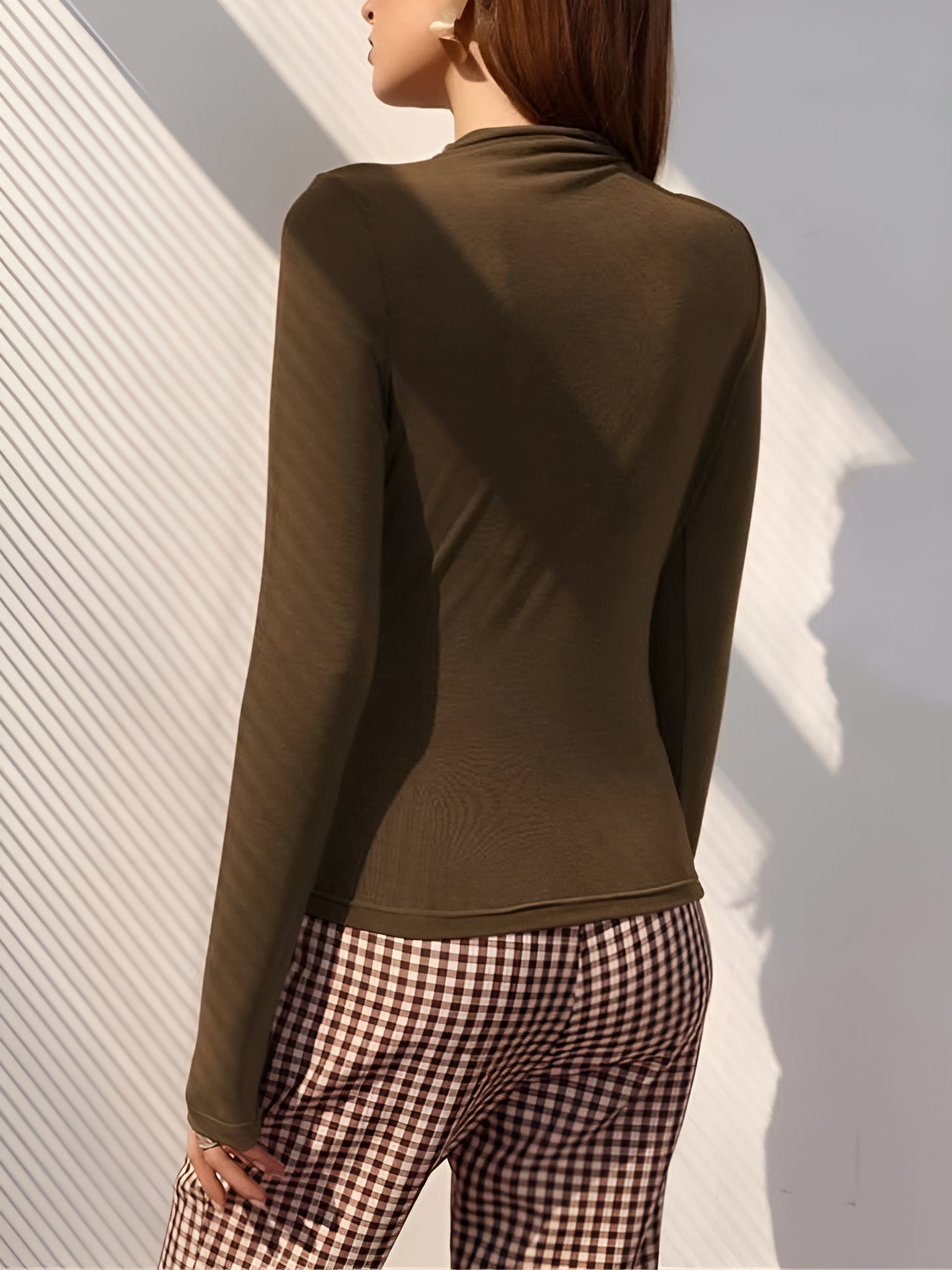Ruched Mock Neck Long Sleeves Solid Color Blouse
