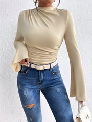 Solid Color Mock Neck Flared Sleeve Ruched Blouse