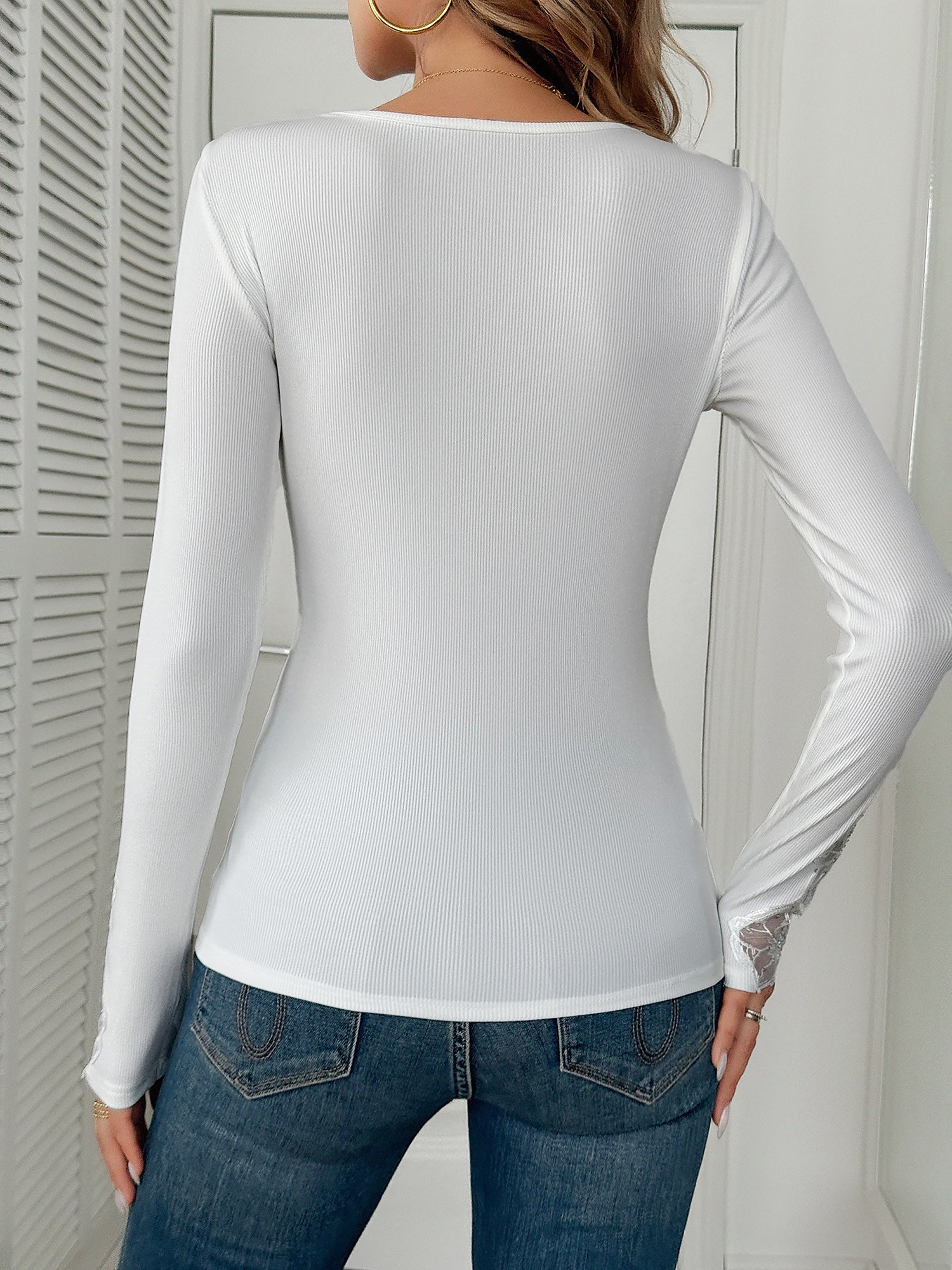 Lace Patchwork Rhinestone Decor Long Sleeves Top
