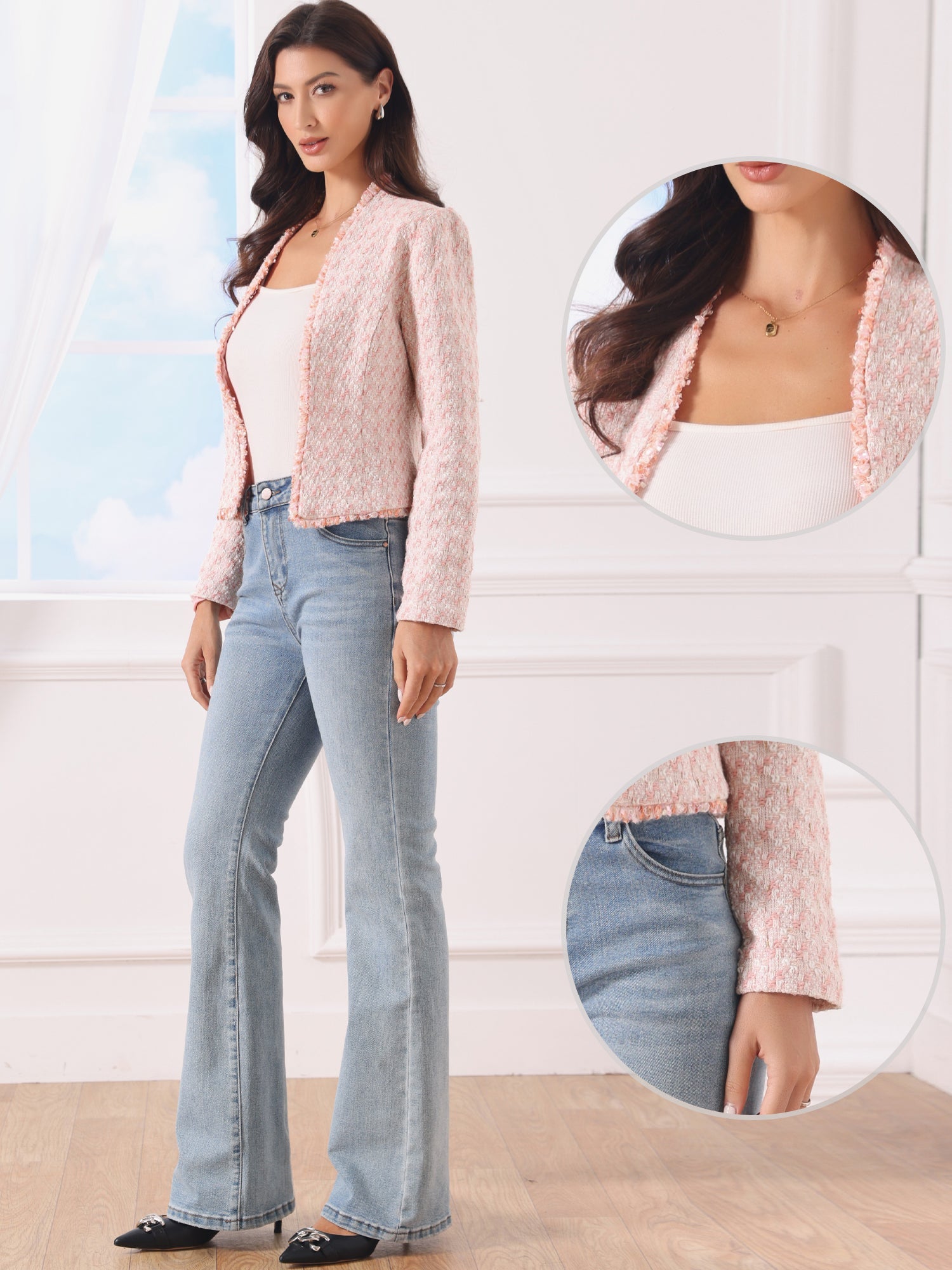 Plaid Tweed Long Sleeve Open Front Work Office Jacket