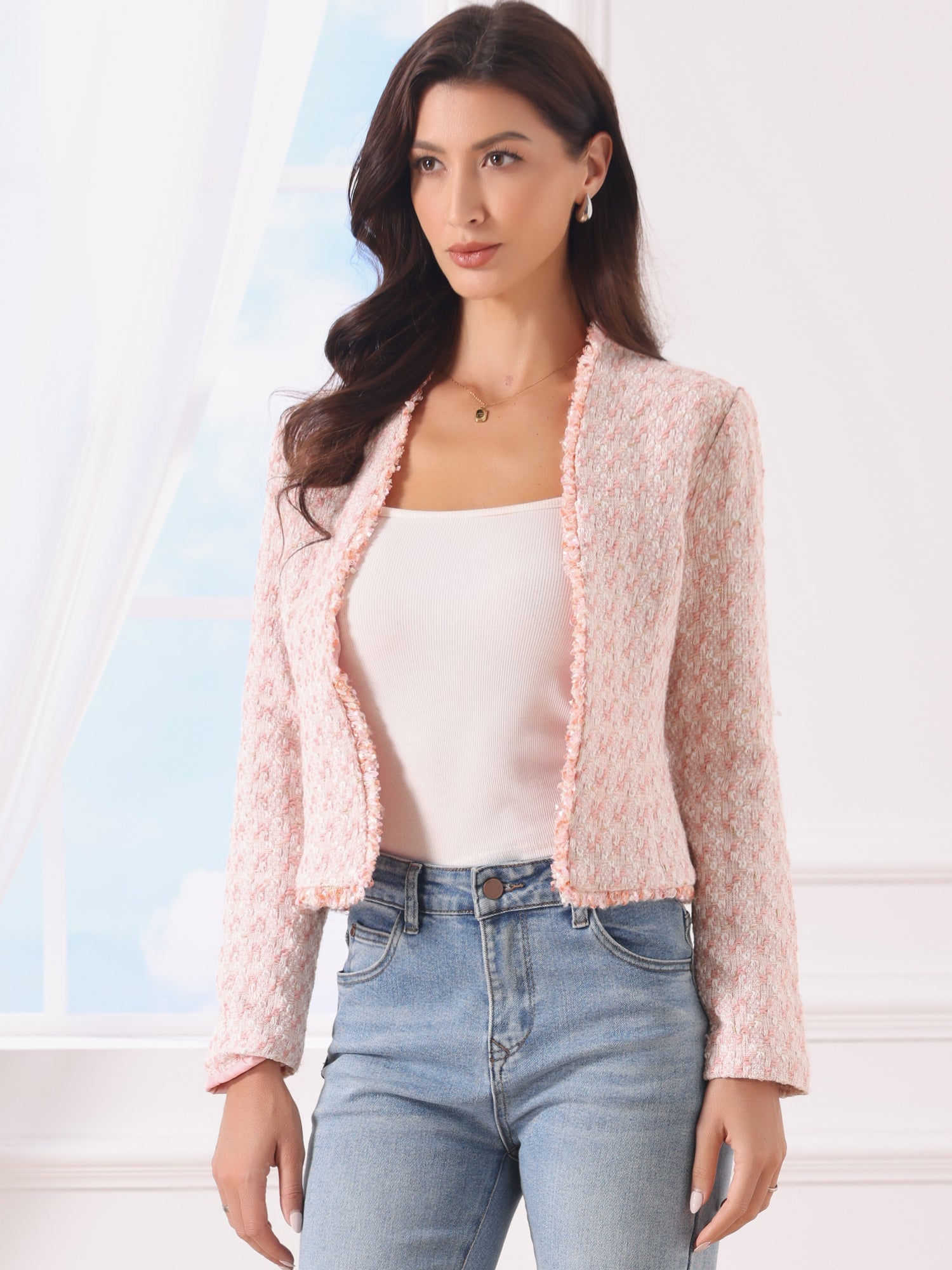 Plaid Tweed Long Sleeve Open Front Work Office Jacket