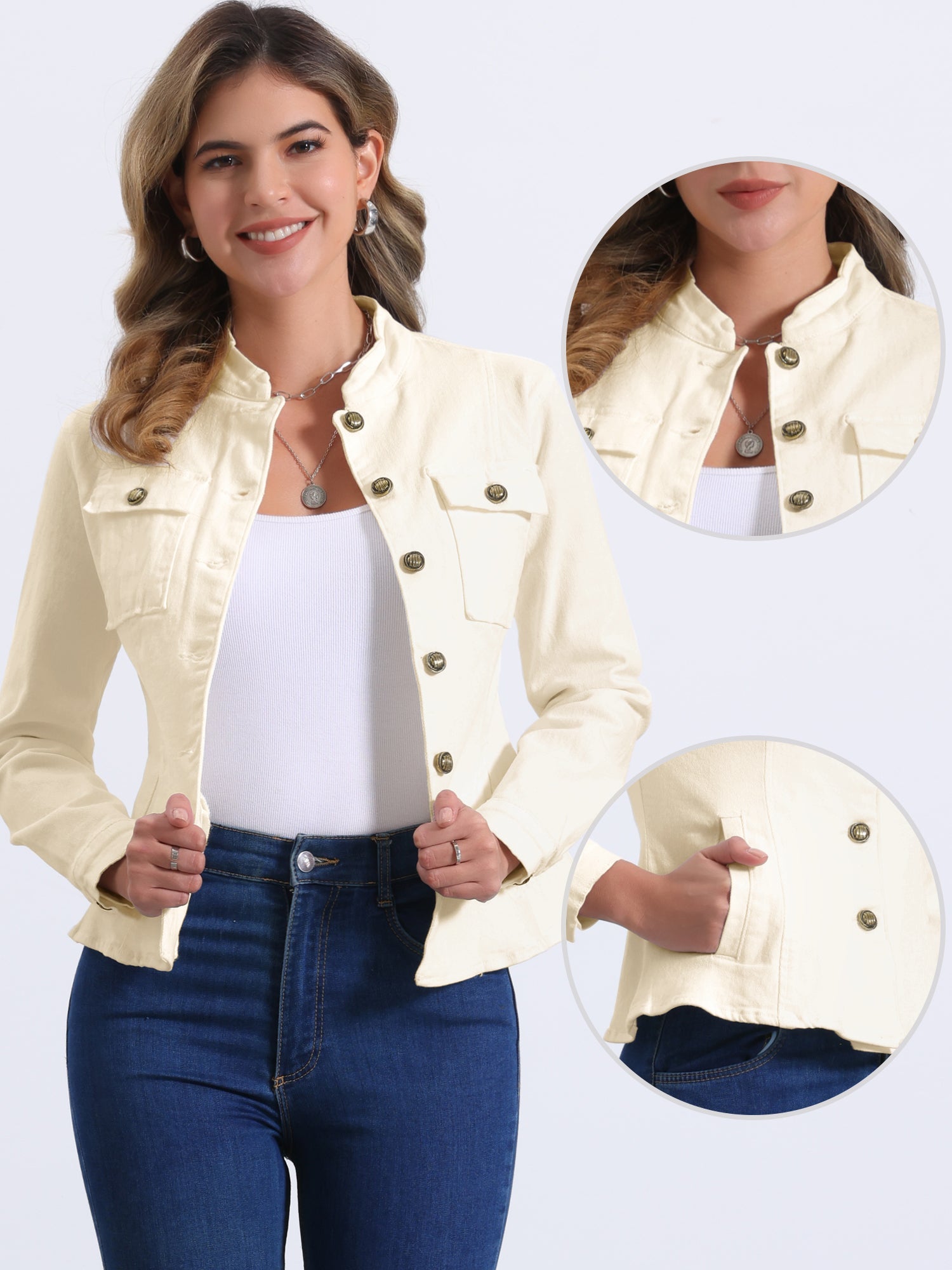 Casual Denim Classic Stand Collar Long Sleeve Jean Jacket