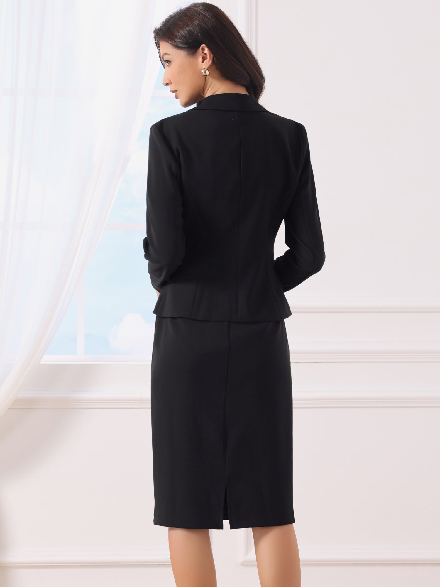 2 Piece Long Sleeve Blazer & Midi Pencil Skirt Formal Work Business Skirt Suit Set
