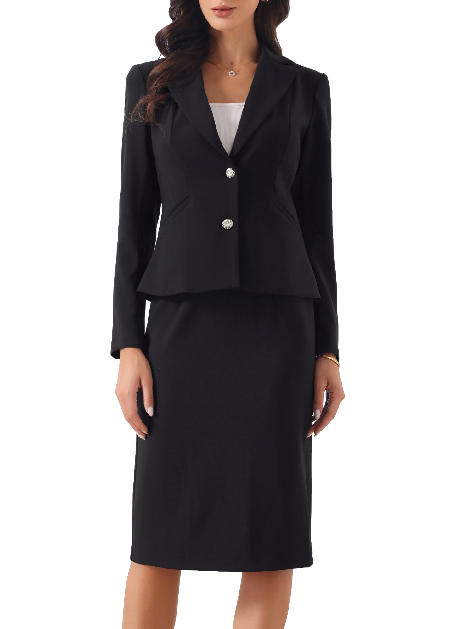 2 Piece Long Sleeve Blazer & Midi Pencil Skirt Formal Work Business Skirt Suit Set