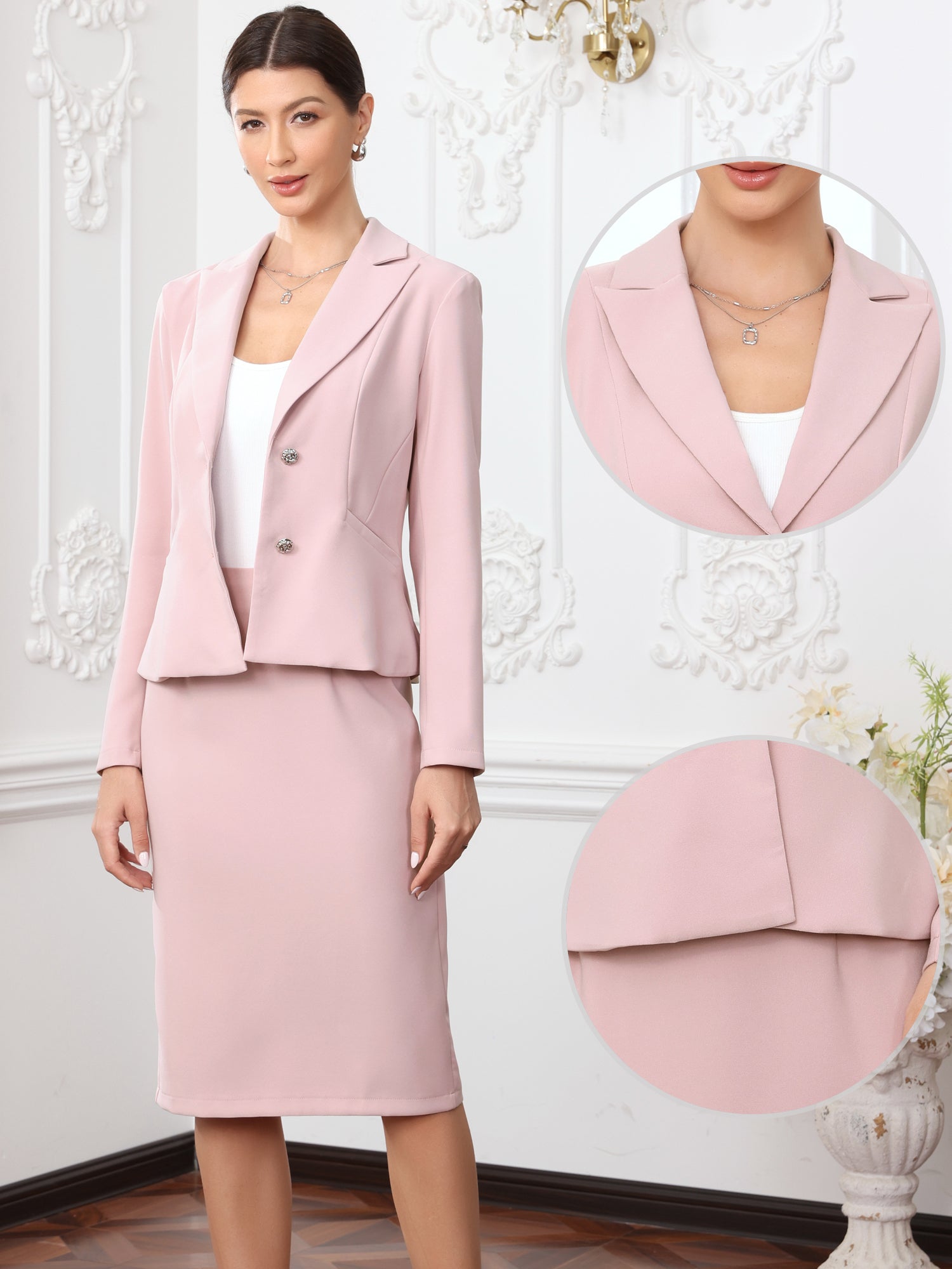 2 Piece Long Sleeve Blazer & Midi Pencil Skirt Formal Work Business Skirt Suit Set