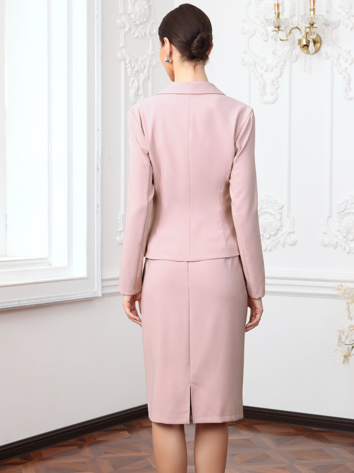 2 Piece Long Sleeve Blazer & Midi Pencil Skirt Formal Work Business Skirt Suit Set