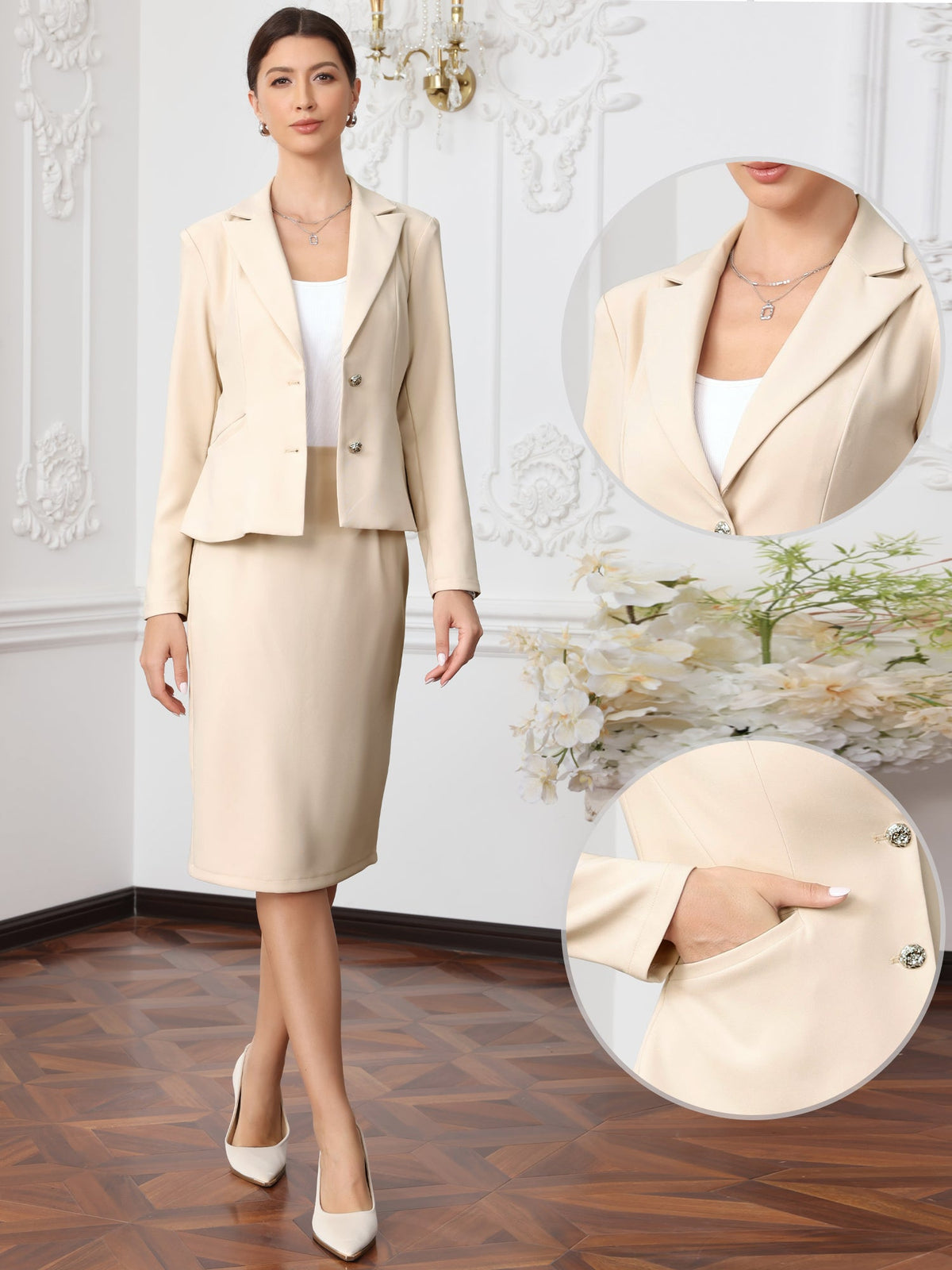 2 Piece Long Sleeve Blazer & Midi Pencil Skirt Formal Work Business Skirt Suit Set