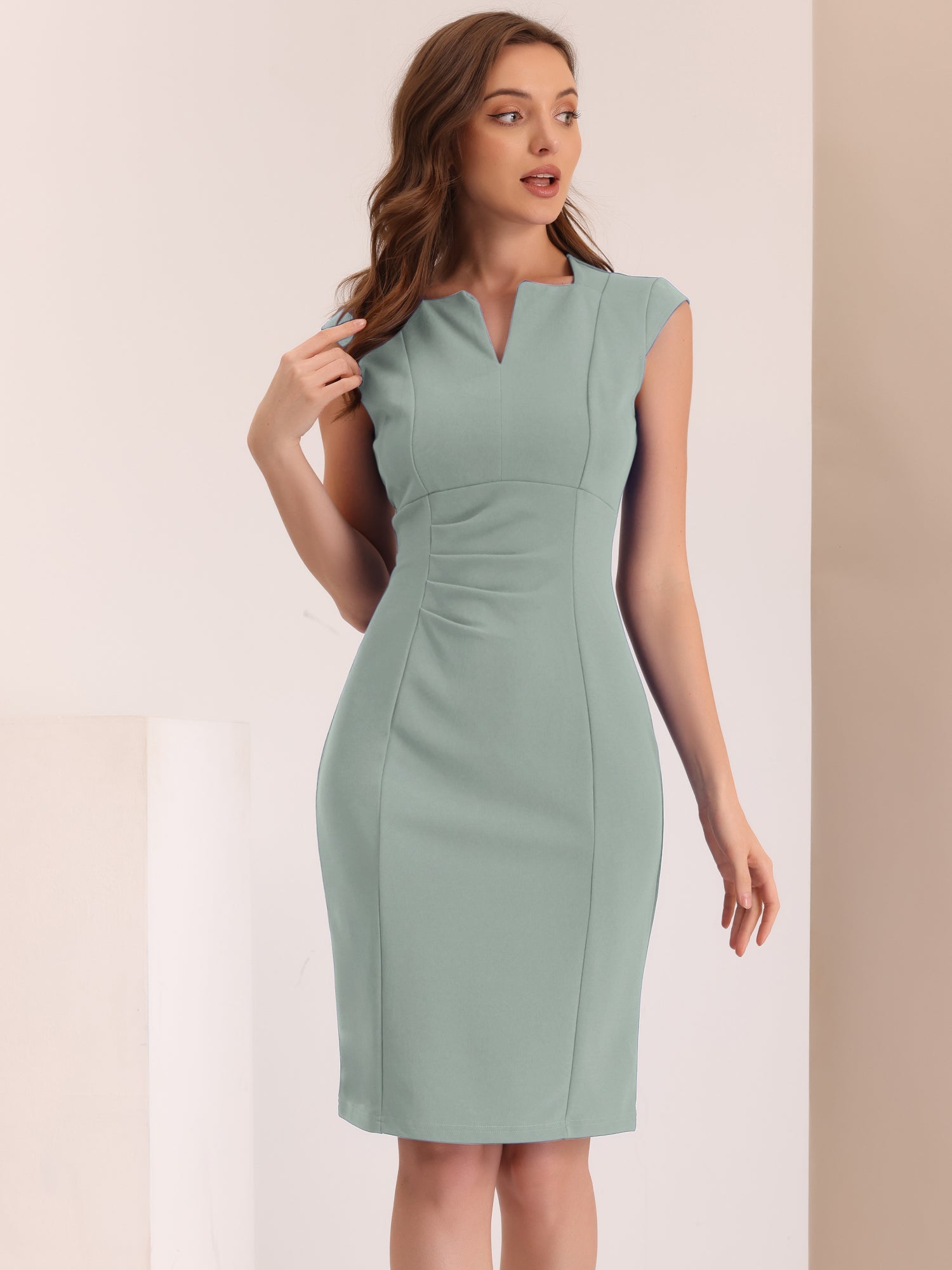 Sheath Pencil Sleeveless Pleated Front Elegant Business Dress