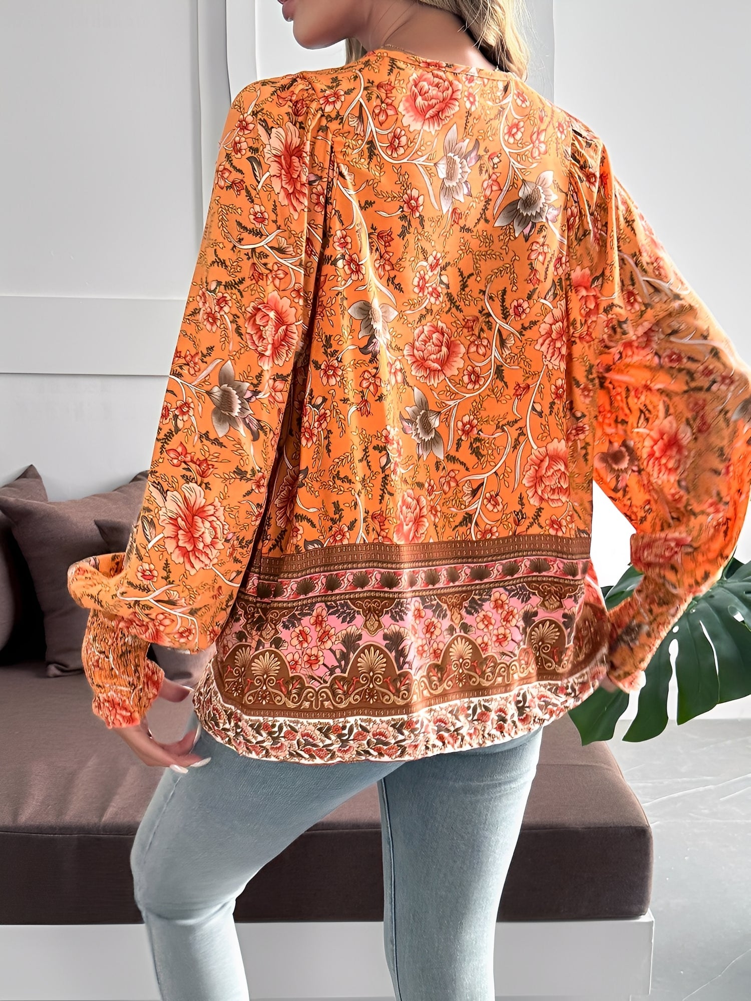Lace-Up Boho Floral Smock Long Sleeves Blouse